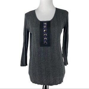 Adrienne Vittadini Gray Ribbed Beaded Scoop Neck 3/4 Sleeve Sweater Womens M NEW